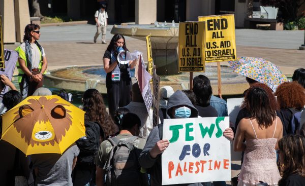 Students take part in a walkout protest held in the library quad, calling for an end to US aid to Israel amid the ongoing genocide in Gaza on May 9.