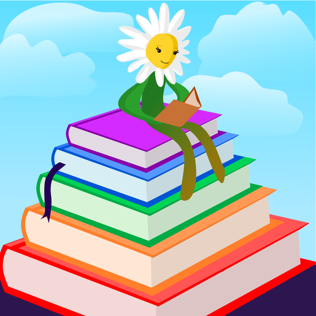 An illustration of an anthropomorphic flower reading while sitting on top of a stack of books.