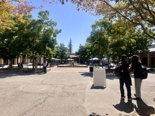 People socialize and walk around the L quad on May 11. De Anza campus is open for any international student.