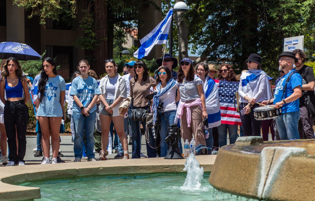 Protesters, including De Anza students pause for the Israeli national anthem during the rally at the Library Quad on May 21.