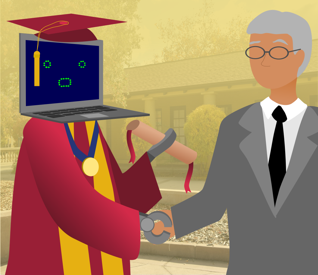 A photo illustration of a robotic computer (which represents Artificial Intelligence) receiving a diploma and greeting a professor at De Anza College.