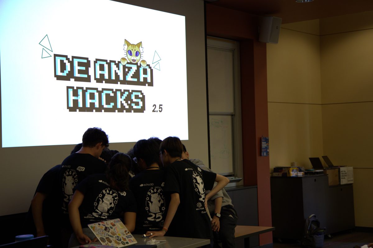 Student staff form a group huddle during the De Anza 2.5 Hackathon on June 1 in the Science Center.
