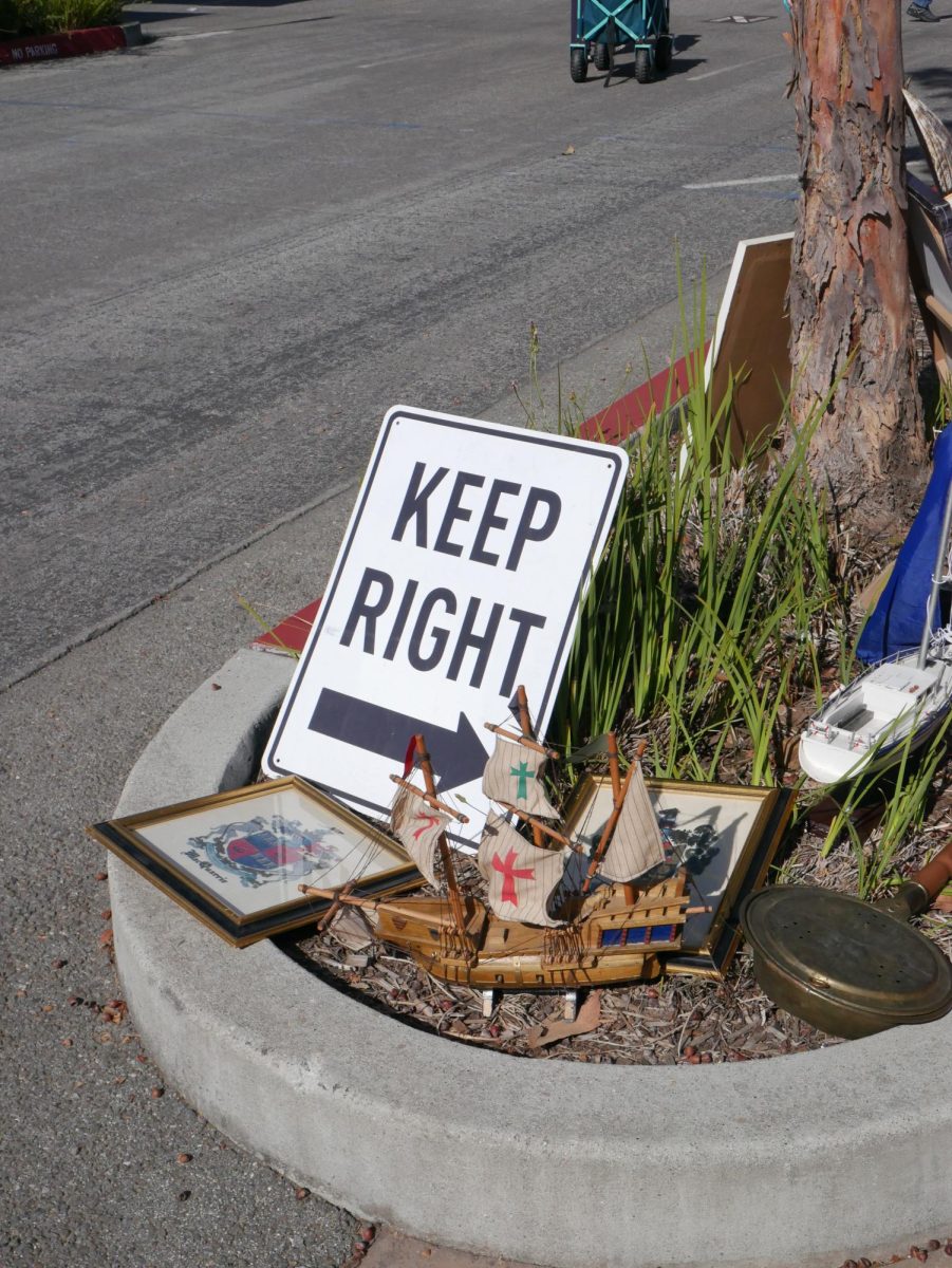 Ornately framed paintings and out-of-commission street signs for sale on the curb of De Anzas A lot at De Anza College on June 1.