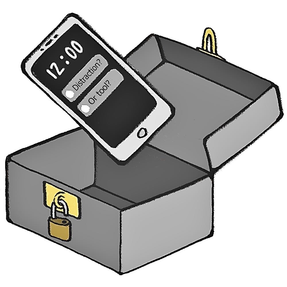 Illustration of a phone being placed into a locked box.