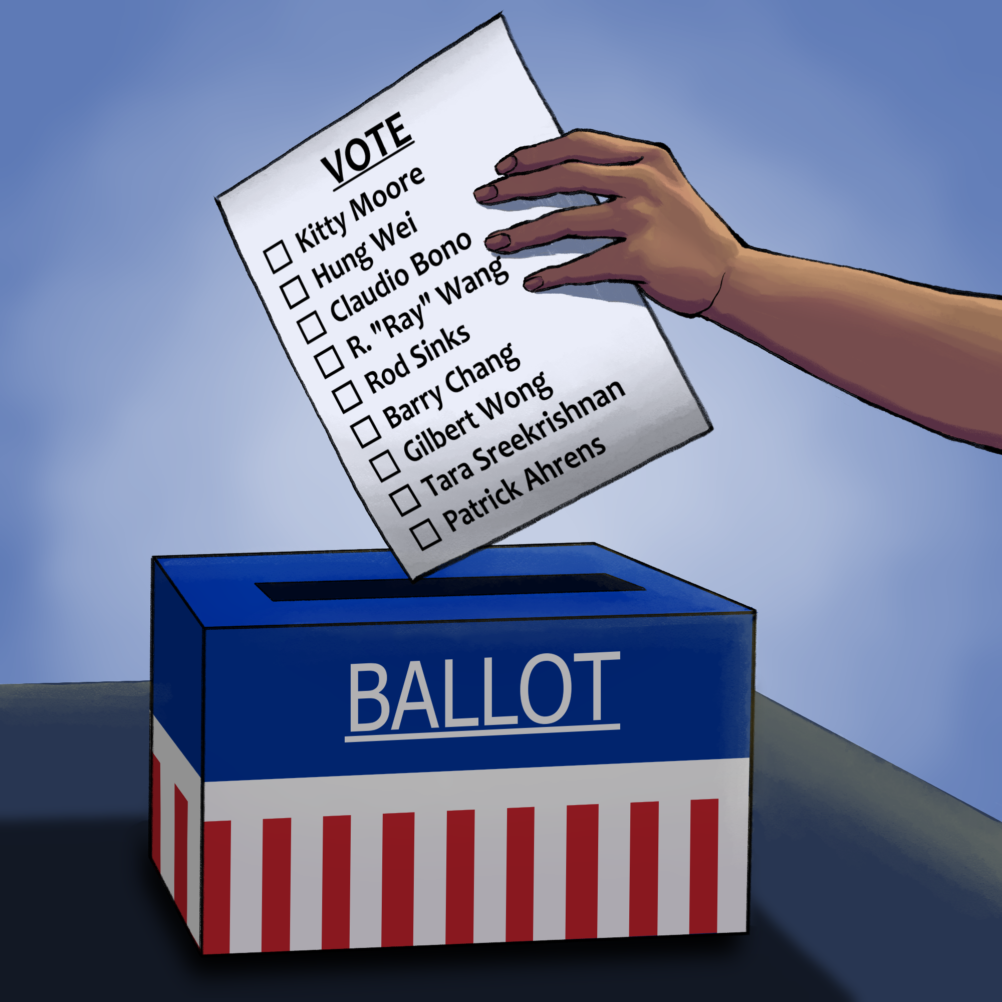 Illustration of a hand holding a paper with candidates names over a ballot box.