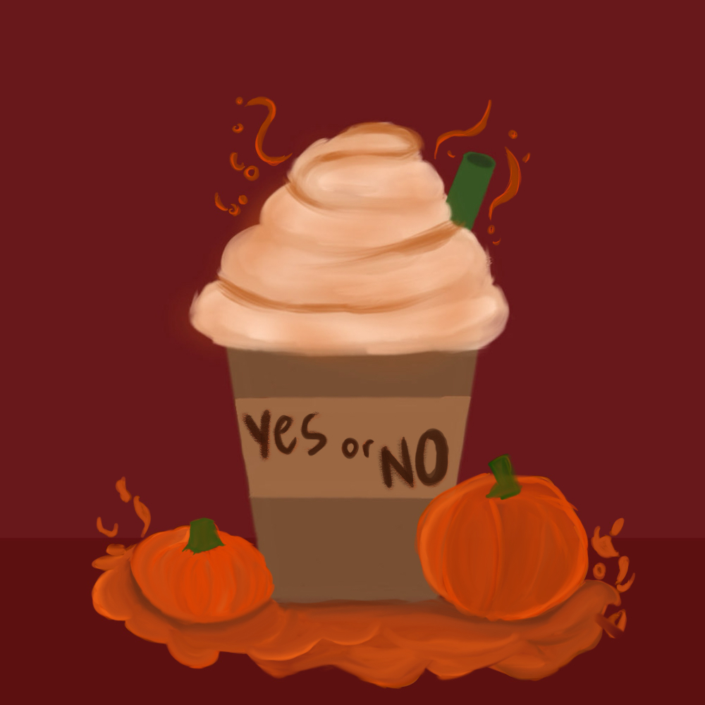 Pumpkin spice latte drawing with yes or no sleeve.