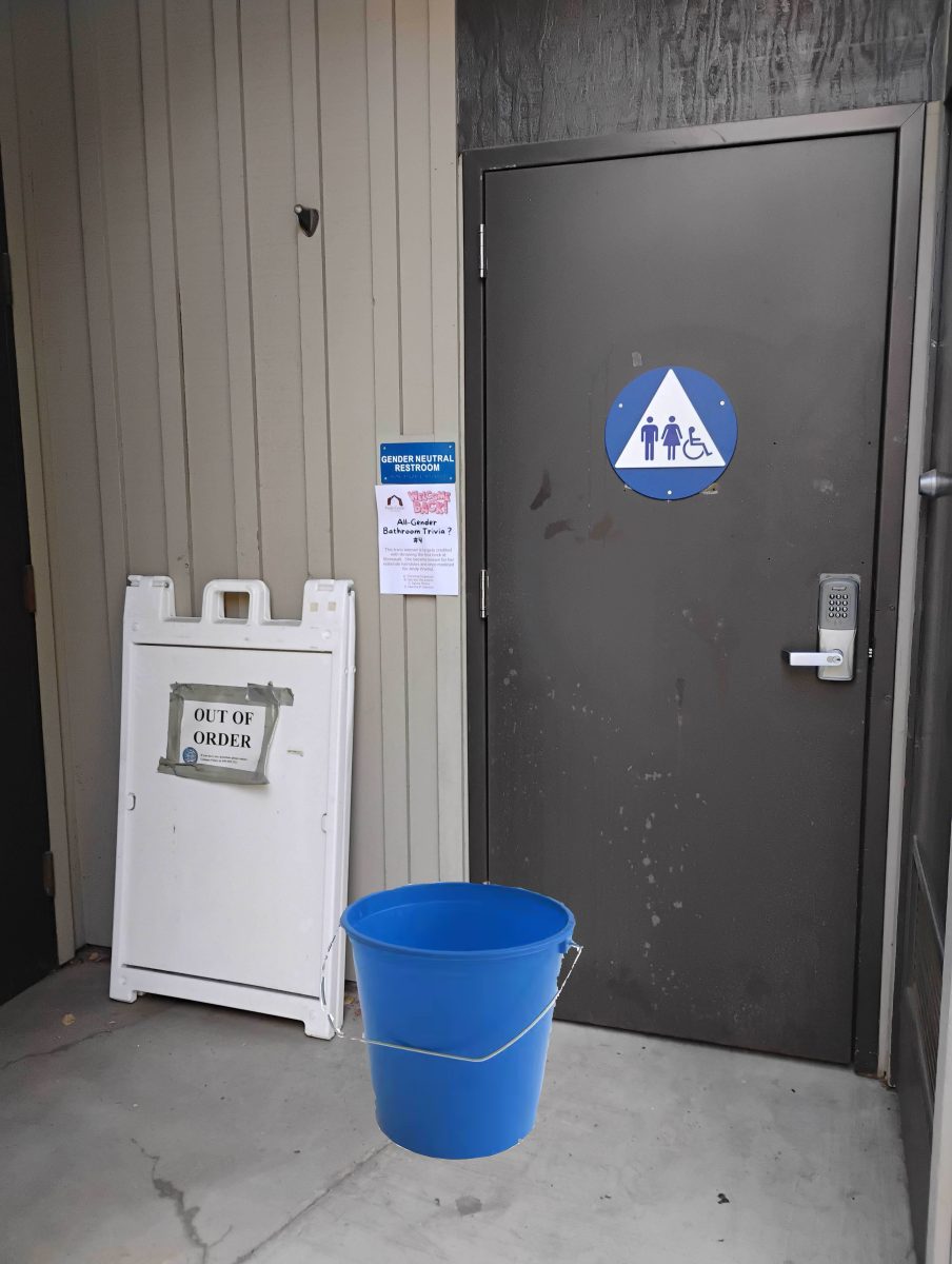 The gender-neutral bucket, installed after numerous complaints from students, sits outside the closed gender-neutral bathroom. The Urinary Services department has yet to install the shower curtains. (Photo illustration.)