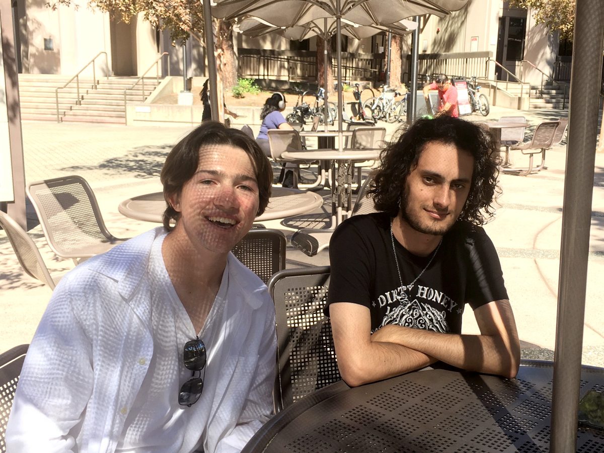 Michael Murray (left), 20, an engineering major and Bruno Marquetti (right), 20, a film production major, sit around a table near the Advanced Technology Center.