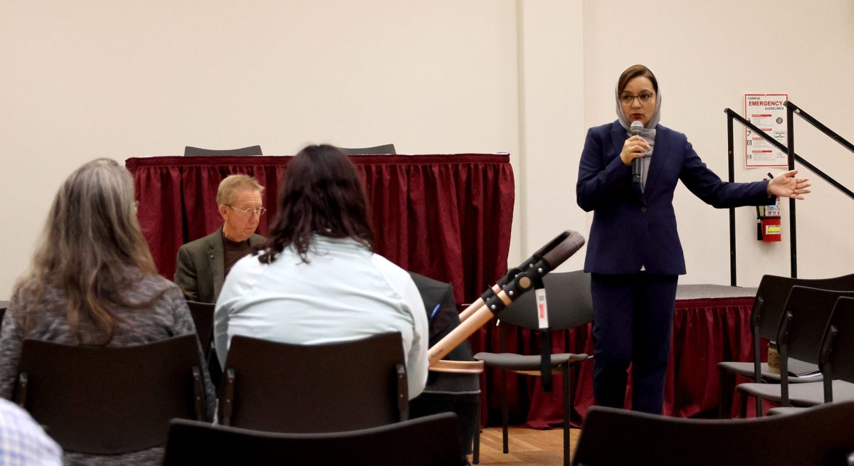 Presidential finalist Sobia Khan, current provost of Valencia College’s East and Lake Nona campuses in Orlando, Florida, answers audience-submitted questions during her forum on Nov. 12.