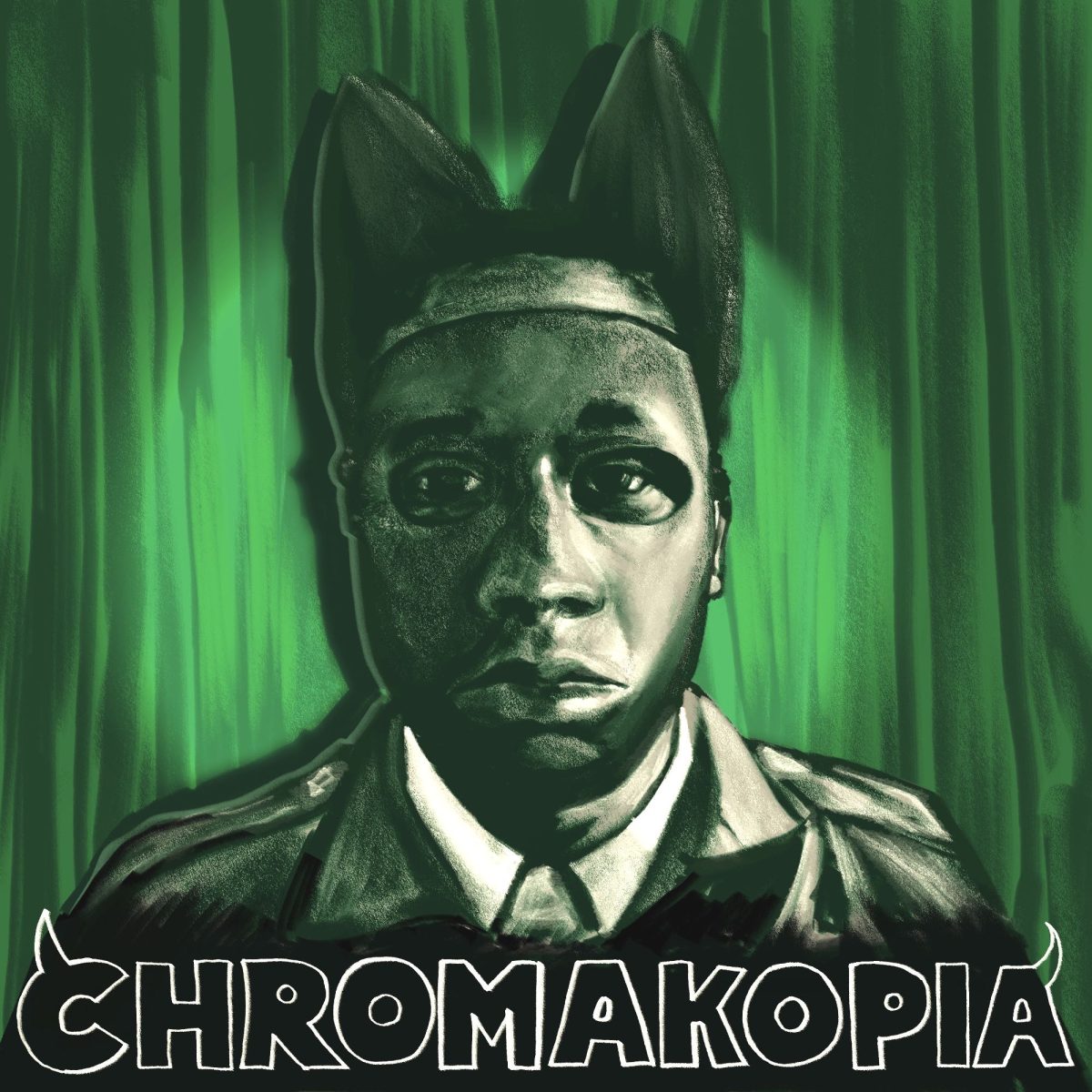 Illustration of Tyler, The Creator wearing a mask as seen in the music video "St. Chroma" from his new album "CHROMAKOPIA."