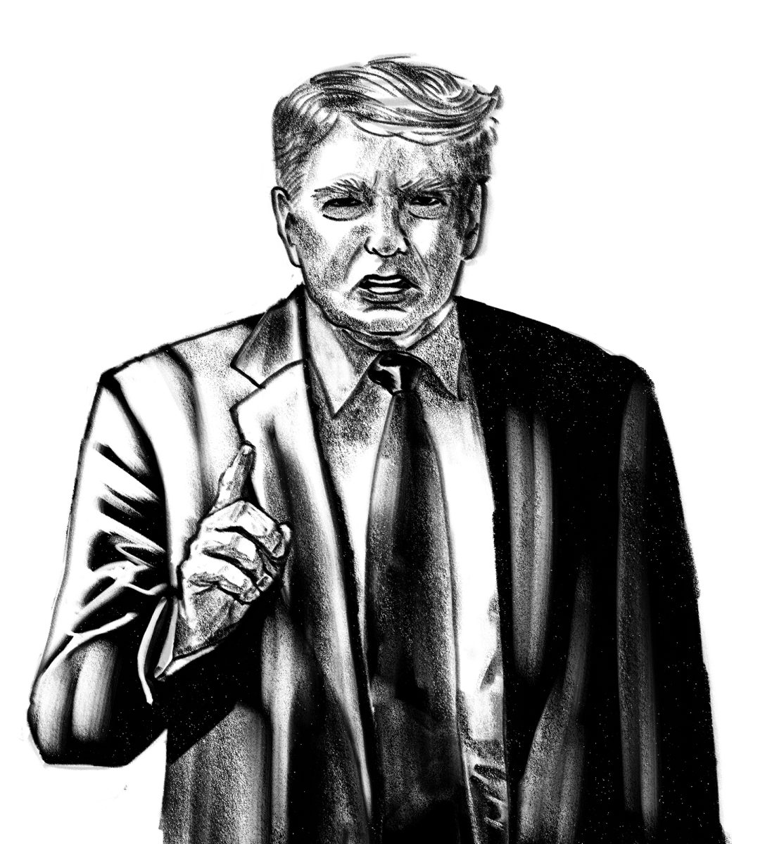 Illustration of Donald Trump speaking with his finger in the air.