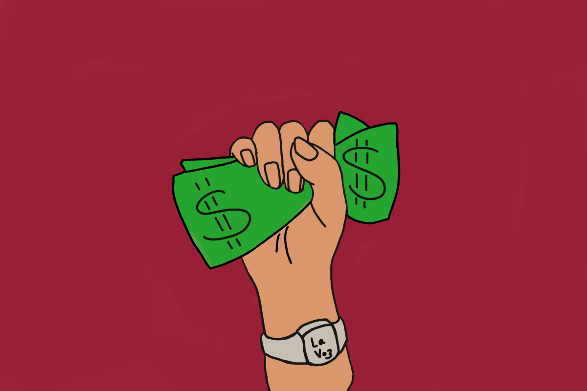 Illustration of fist clutching money, wearing a "La Voz" bracelet.