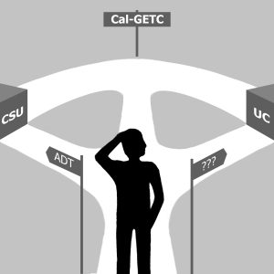 Illustration showing a student looking confused about what education pathway to choose.