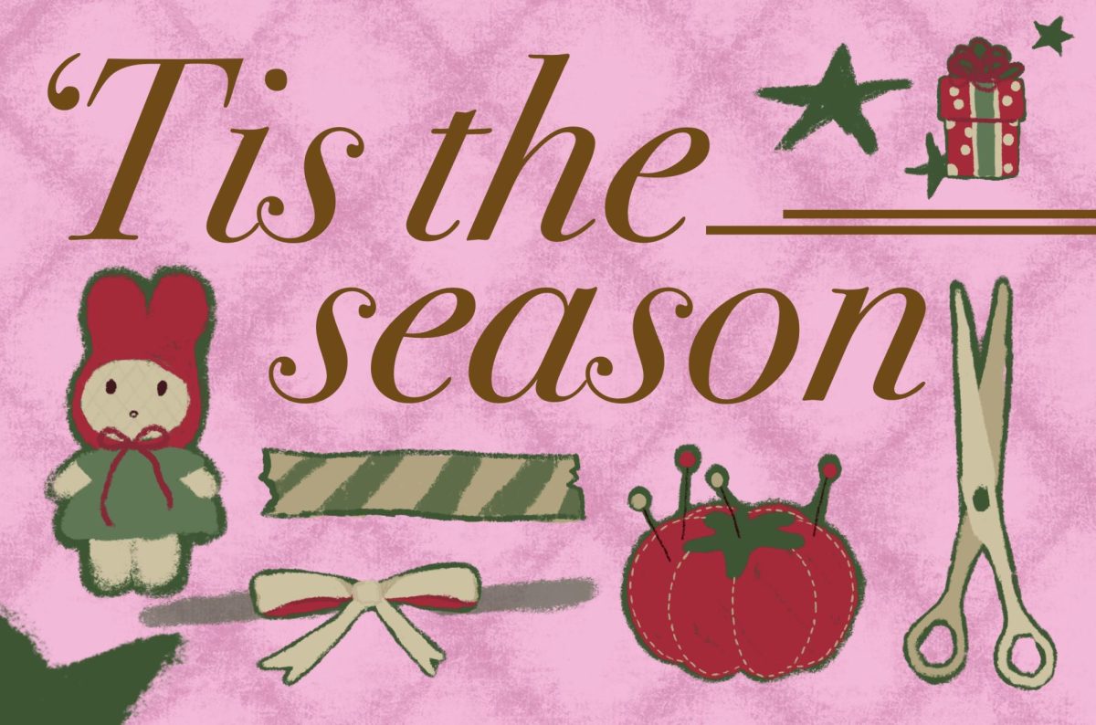 Illustrations of craft supplies, including scissors, ribbon bow and pin cushion, surrounding “‘Tis the season” text.