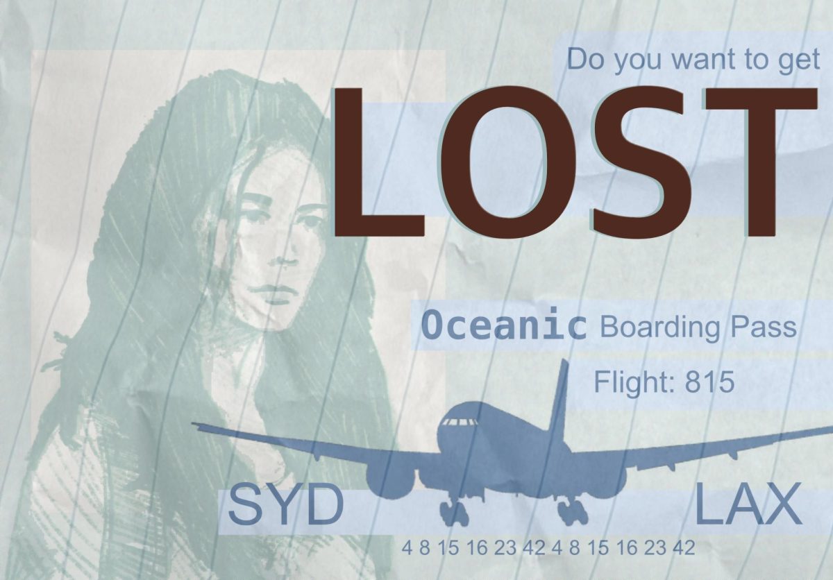 Illustration of a boarding pass for the fictional Oceanic 815 flight, from the TV show “Lost,” with illustration of character Kate Austen.