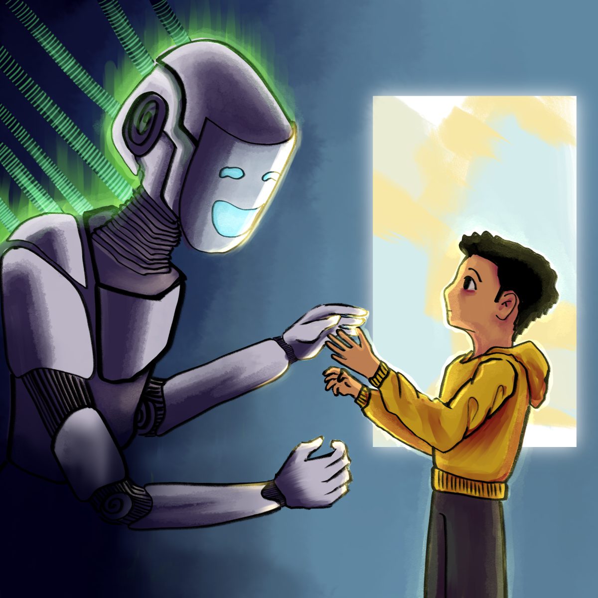 Illustration of a teenager reaching out to a robot wearing a smiling mask that distracts from its dark aura.