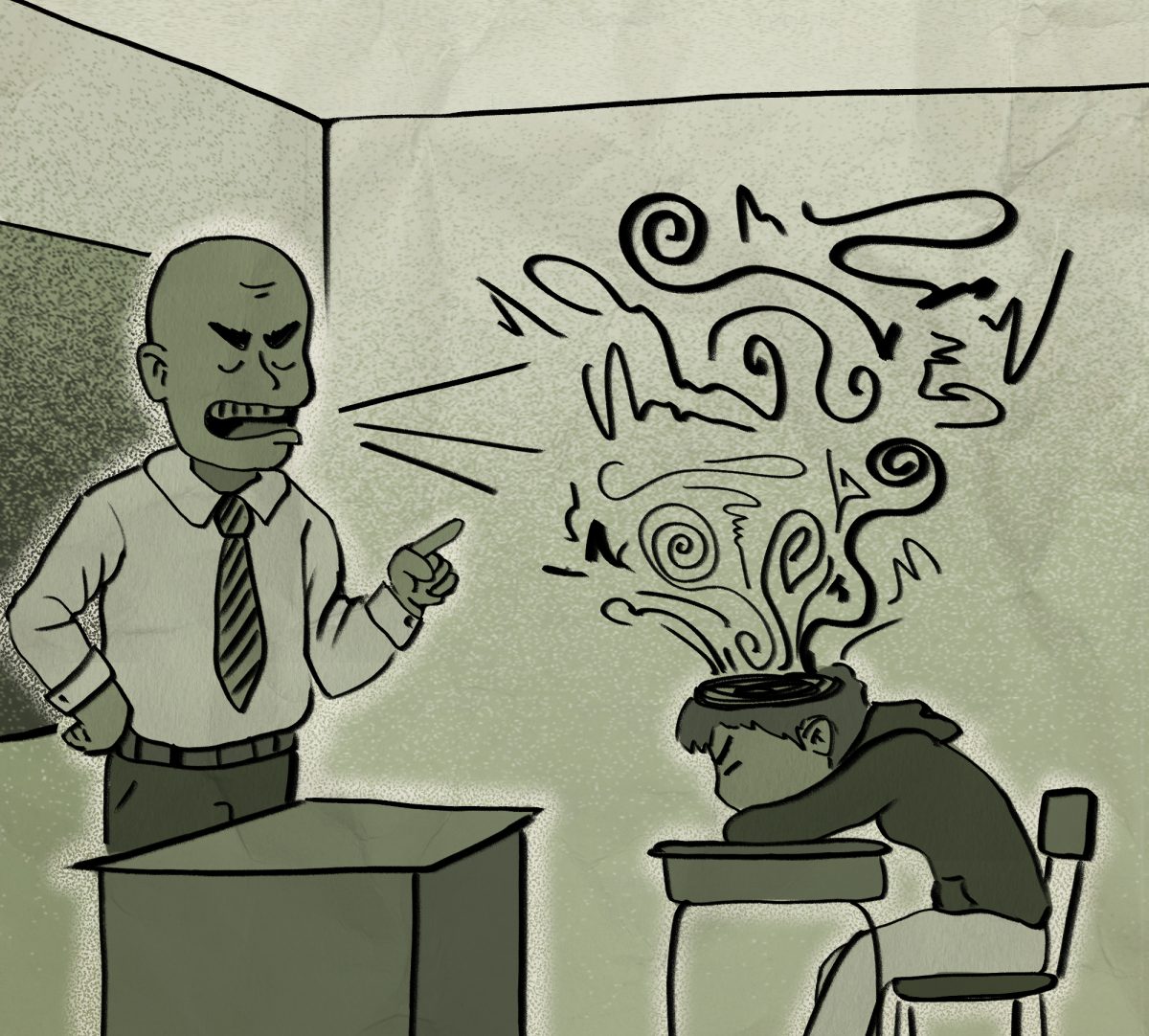 Illustration of a professor yapping to a distressed student.