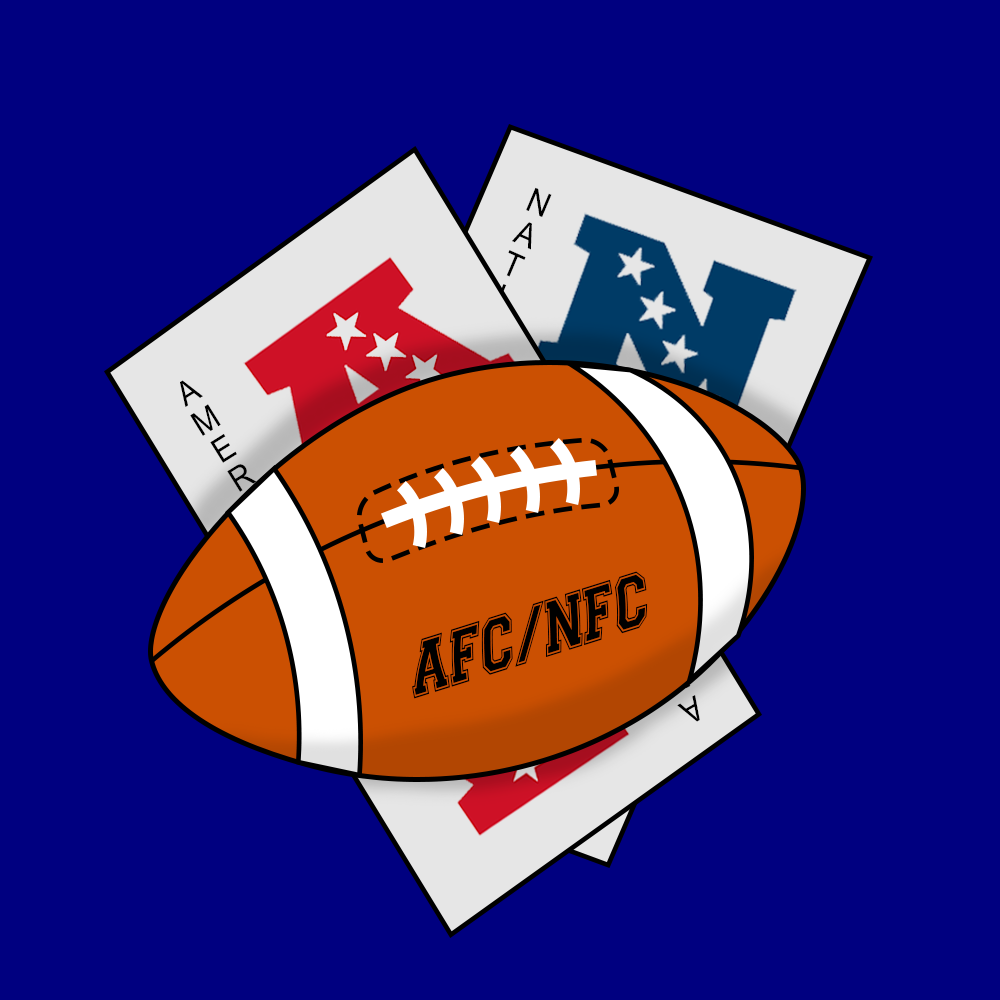 Illustration of a football labelled "ACF/NFC" in front two cards, representing the American Football Conference and National Football Conference.