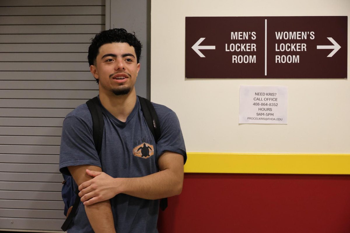 Enrique Molina, 20, business administration, says men's locker room's shower also has problems in front of the locker room entrance on Jan. 14.