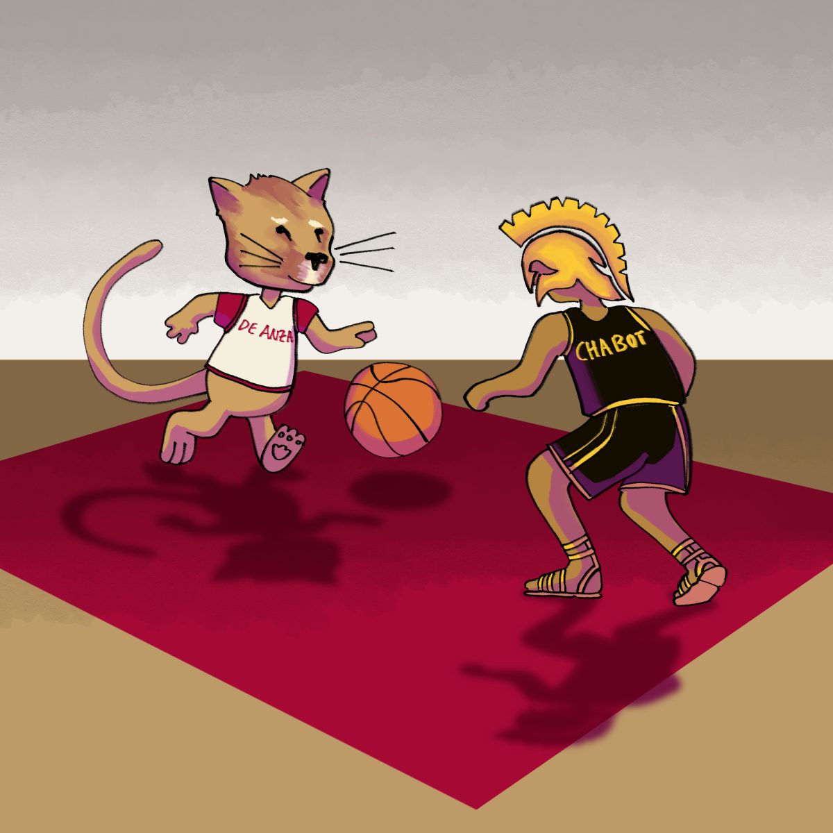 Illustration of Roary the Mountain Lion trying to dribble a basketball past a Chabot Gladiator.