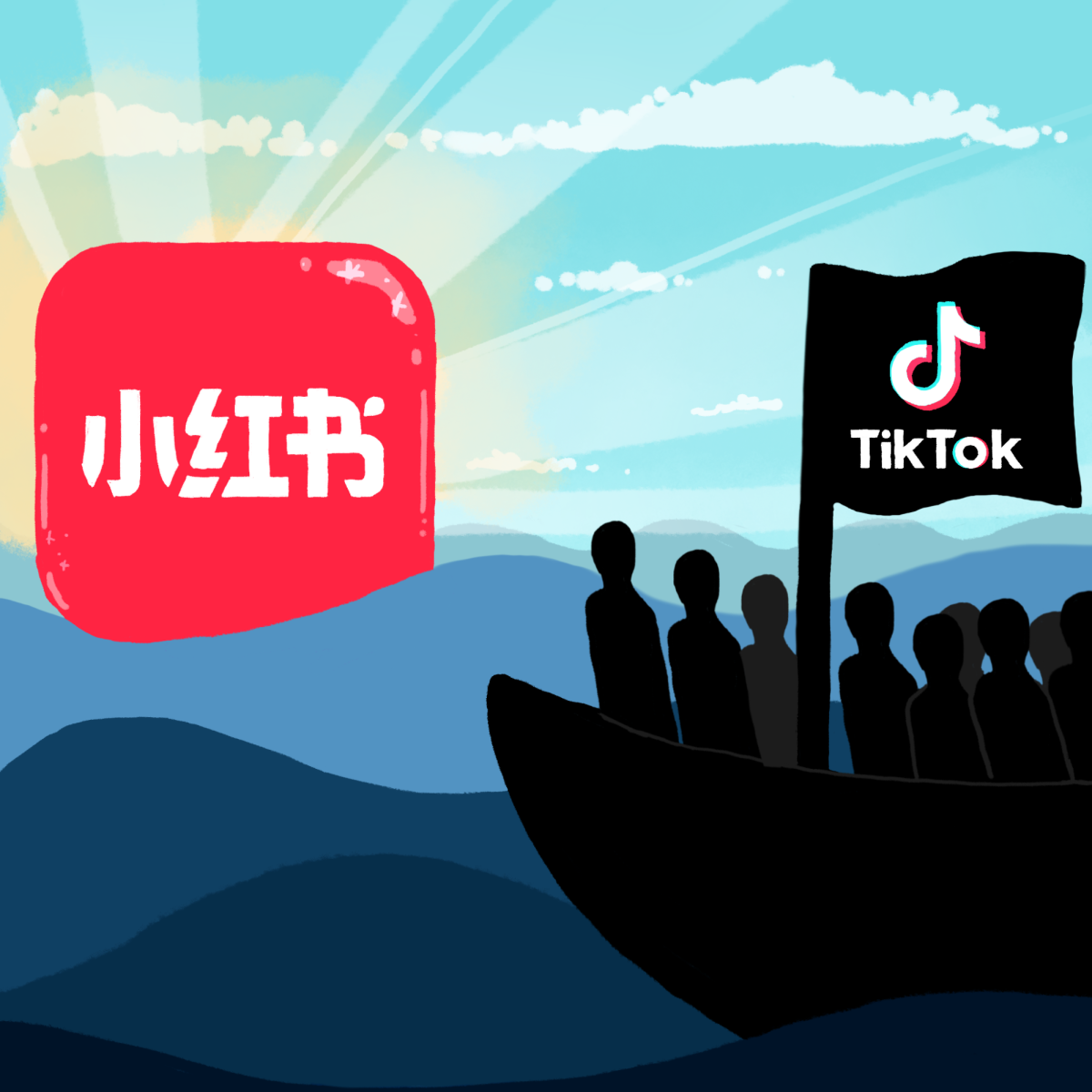 An illustration of former TikTok users sailing towards the icon for Xiaohongshu, also known as RedNote.