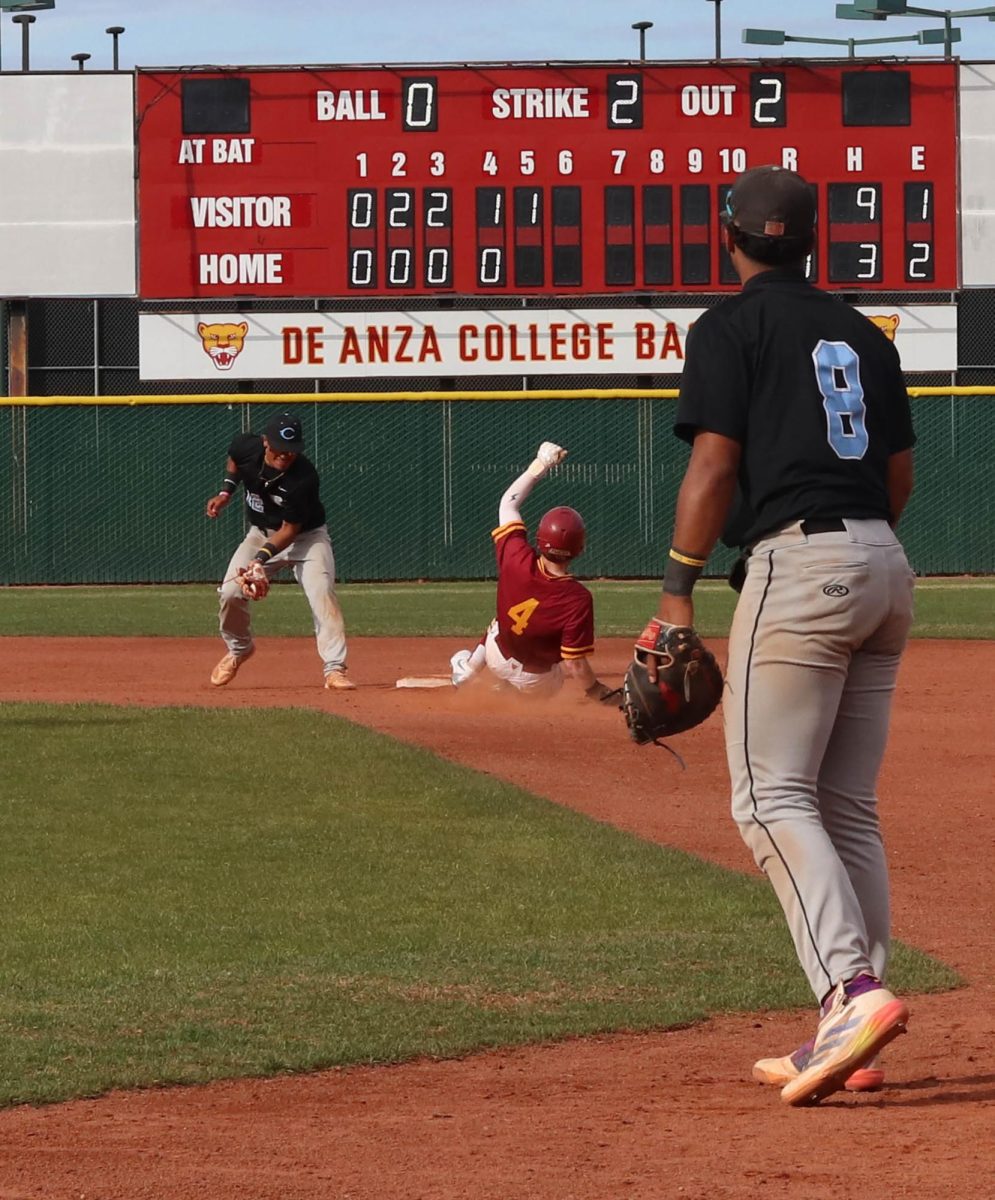 Outfielder Bodie Eskes (De Anza No. 4), slides to second base at the De Anza baseball field on March 4.