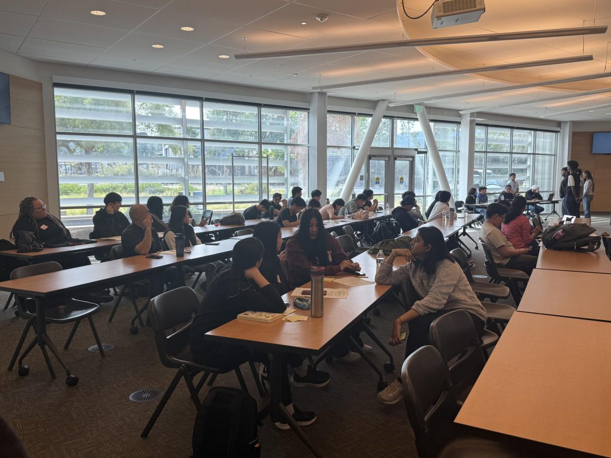 Teams await the announcement of the winners at the Business Model Canvas in the Media and Learning Center on Feb. 28.