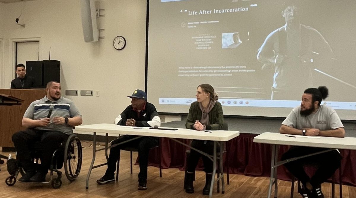 From left, Aurelio Cardenas, 36, history and sociology major, Jerome Fosselman, 68, paralegal studies major, Katrina Stewart, 32, psychology major and Axel Anderson, 37, liberal studies major, get ready to answer panel questions at the Hinson Campus Center on Feb. 27.