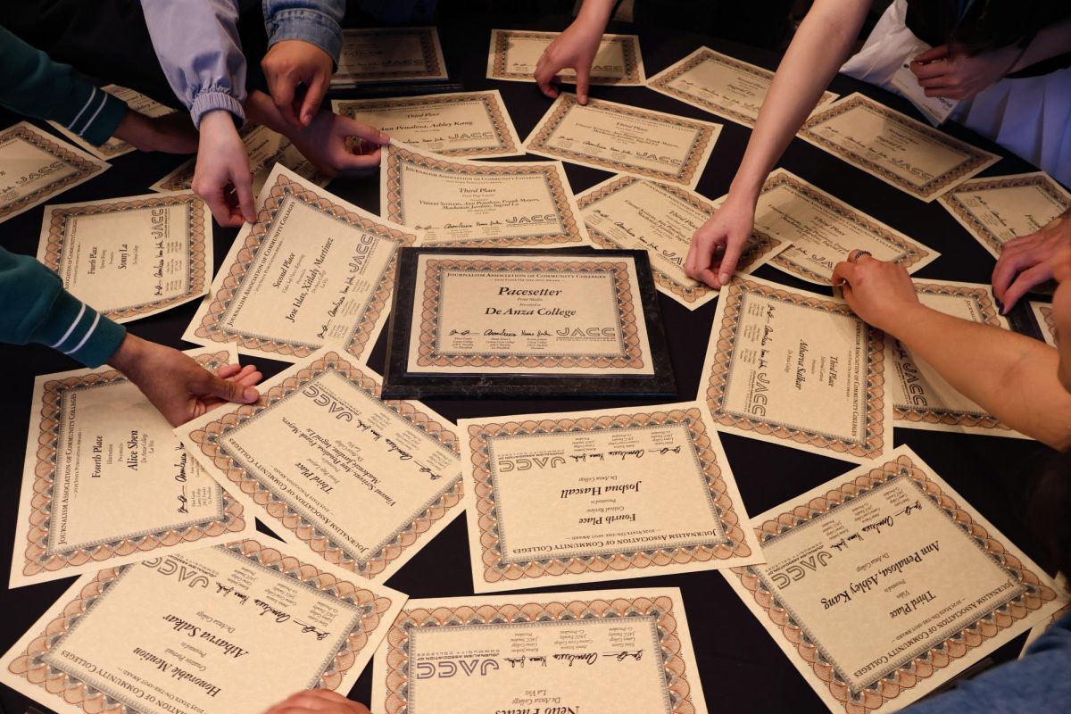 La Voz students reach for their awards after the Journalism Association of Community Colleges ceremony at the Associated Collegiate Press Spring College Media Conference in Long Beach on Mar. 8. La Voz won 24 awards under JACC, and 16 under ACP and CCMA combined.