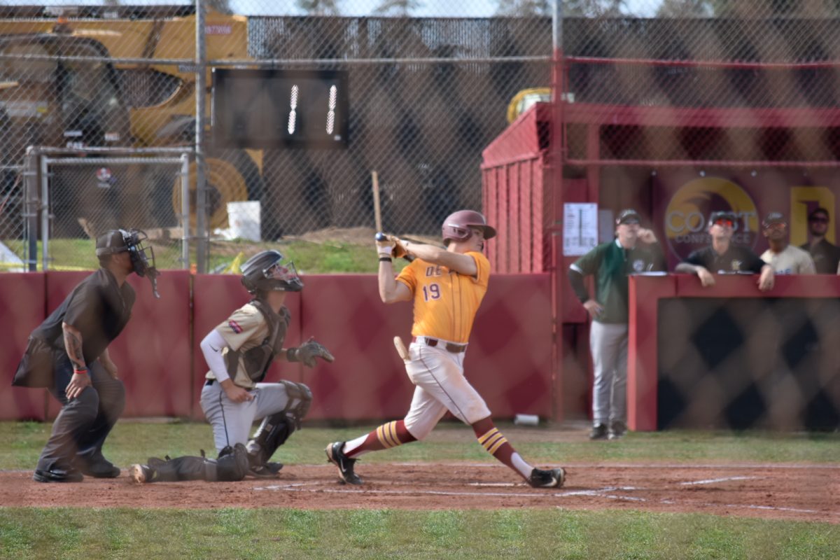 Right fielder Evan McRae (De Anza No. 19) hits a ball at the De Anza baseball field on Feb. 27.