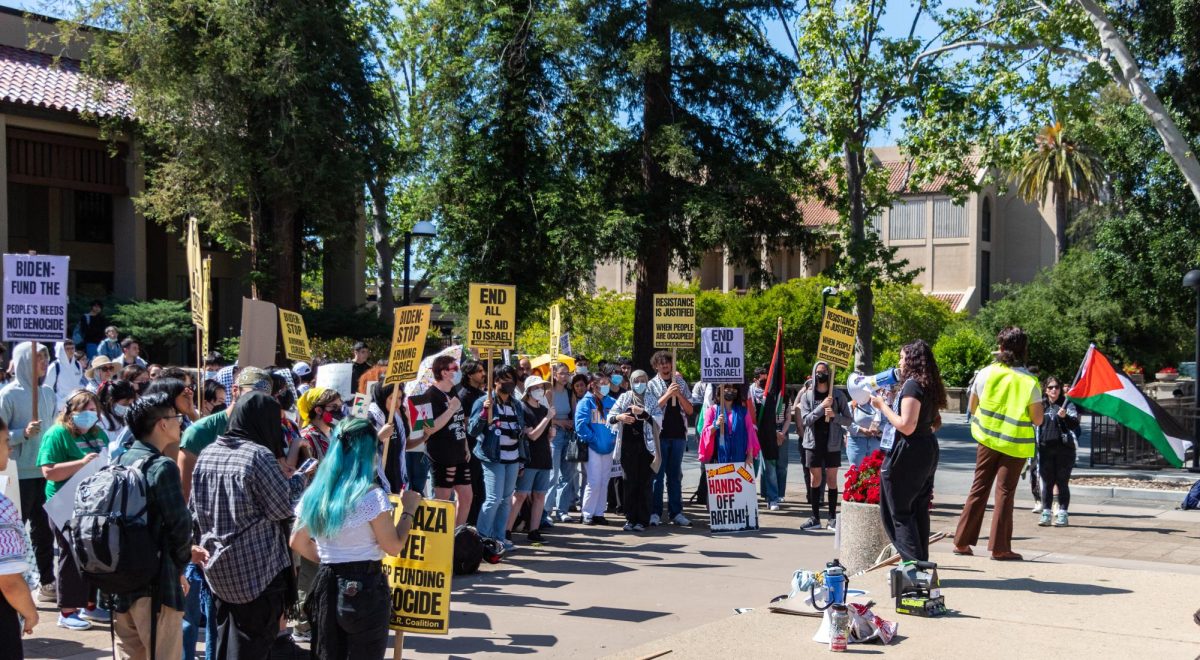 Students gather in the Main Quad on May 9, 2024 for a walkout protest calling for end to U.S. aid to Israel following the Israeli invasion of Palestine.