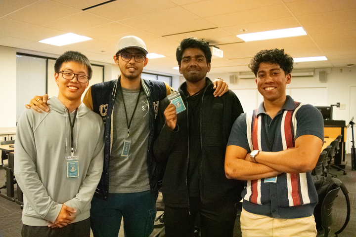 From left, Dan Wu, 19, computer science major, Aaditya Desai, 21, computer science major, Harish Thanigaviel, 19, data science major and Aasheer Magendran, 18, computer science major pose after winning second place in the Advanced Technology Center on May 30. The team created "Class Pass AI" which customizes a user's academic calendar based on the university they attend, their major, the max units they want to take and the prerequisite courses.