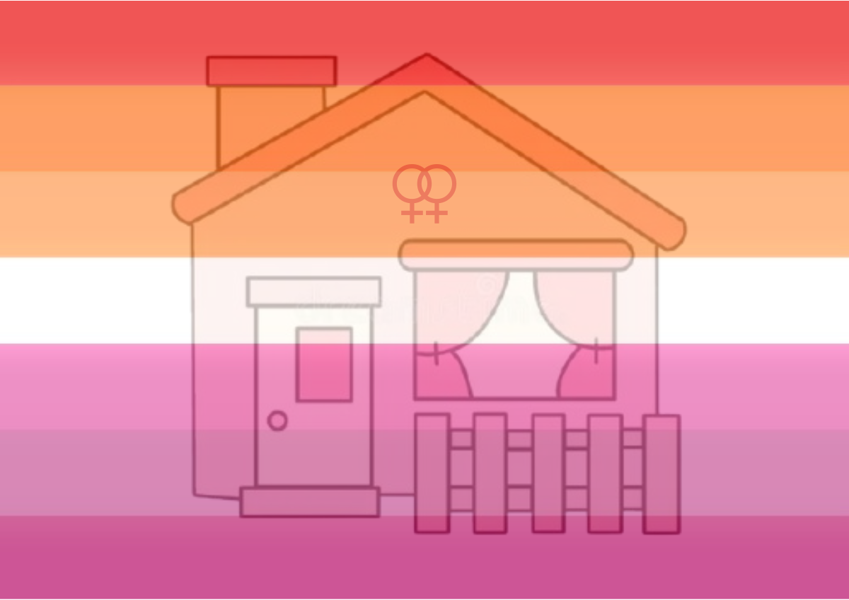 A house framed by the colors of the lesbian flag evokes what many are seeking today, spaces built by lesbians, for lesbians.