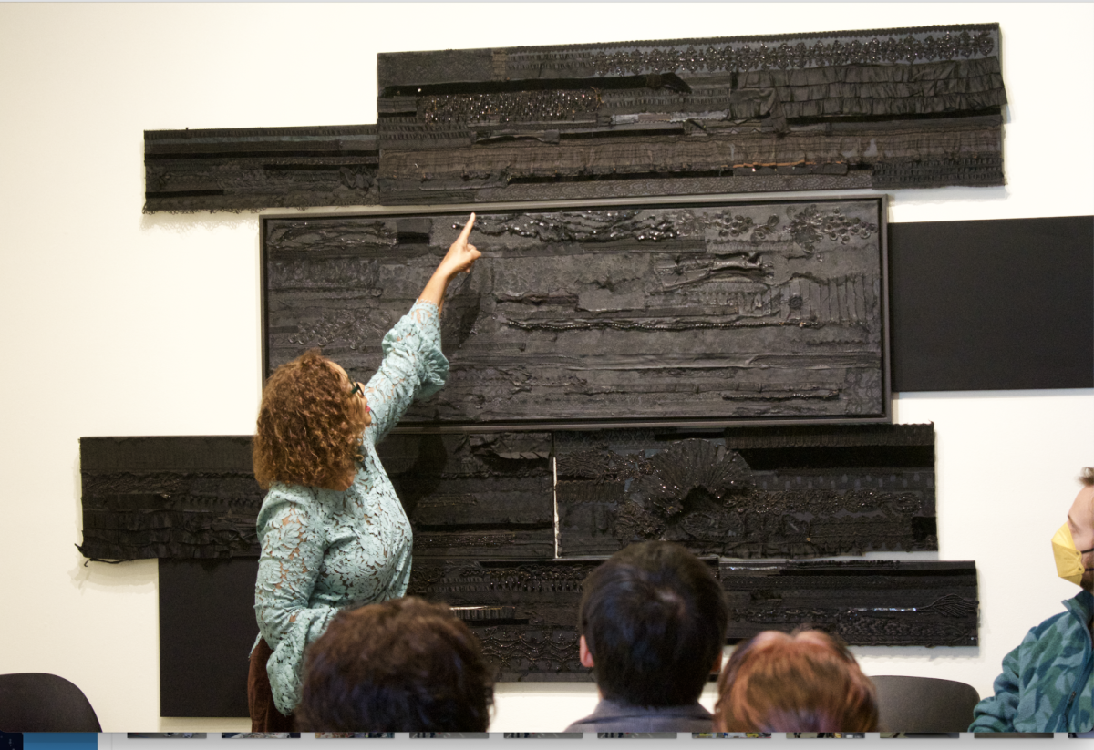 Artist Cynthia Brannvall discusses her latest work, “Intergenerational Horizons on a Thousand Plateaus,” during an artist talk at the Euphrat Museum of Art on Dec. 6.