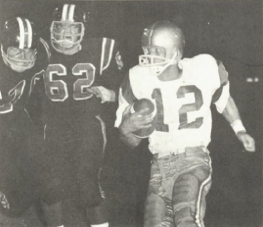 De Anza quarterback Tom Griffin is shown skirting left end against Foothill two weeks ago. Closing in on him is Phil Adamo (62) and Dwayne Williams (76), Griffin guided the Dons to a stunning 13-0 victory over the Owls.