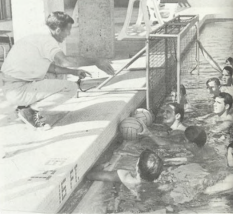 "Now, this is a swimming pool." De Anza water polo coach Art Lambert seems to be teaching his charges the very basic fundamentals of the game as they prepare for their game on Oct. 6 against Santa Ana in the Don pool.