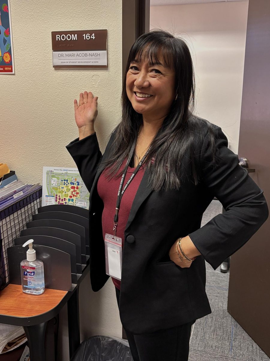 Mari Acob-Nash, dean of student development and EOPS, stands outside her office in HCC 164 on Jan. 12. She said building student connection and belonging is central to her vision for campus life.