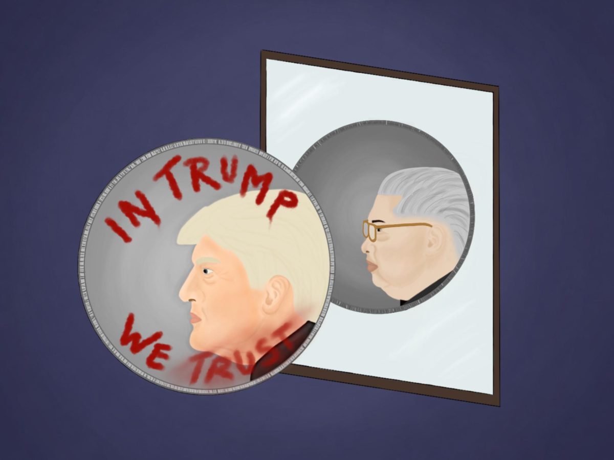 A coin featuring President Donald Trump's face is shown with the mirrored reflection of a coin with the face of Kim Il-Sung, former president of North Korea. "In Trump we trust" is written on the coin portraying Trump, with the word "trust" smeared and faded.
