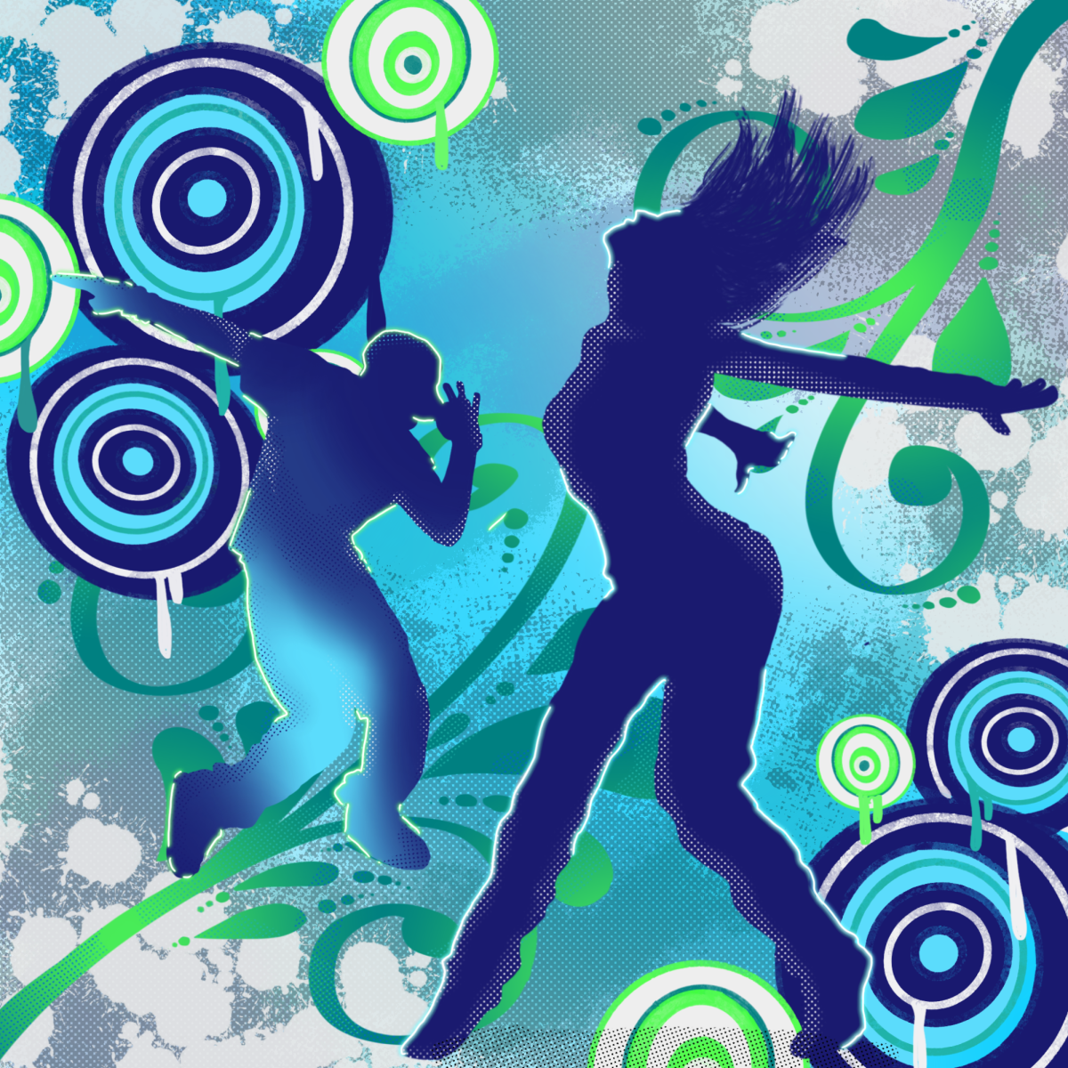 A Frutiger Metro style graphic shows two people dancing. Frutiger Metro was a famous aesthetic from the mid-to-late 2000s and 2010s.