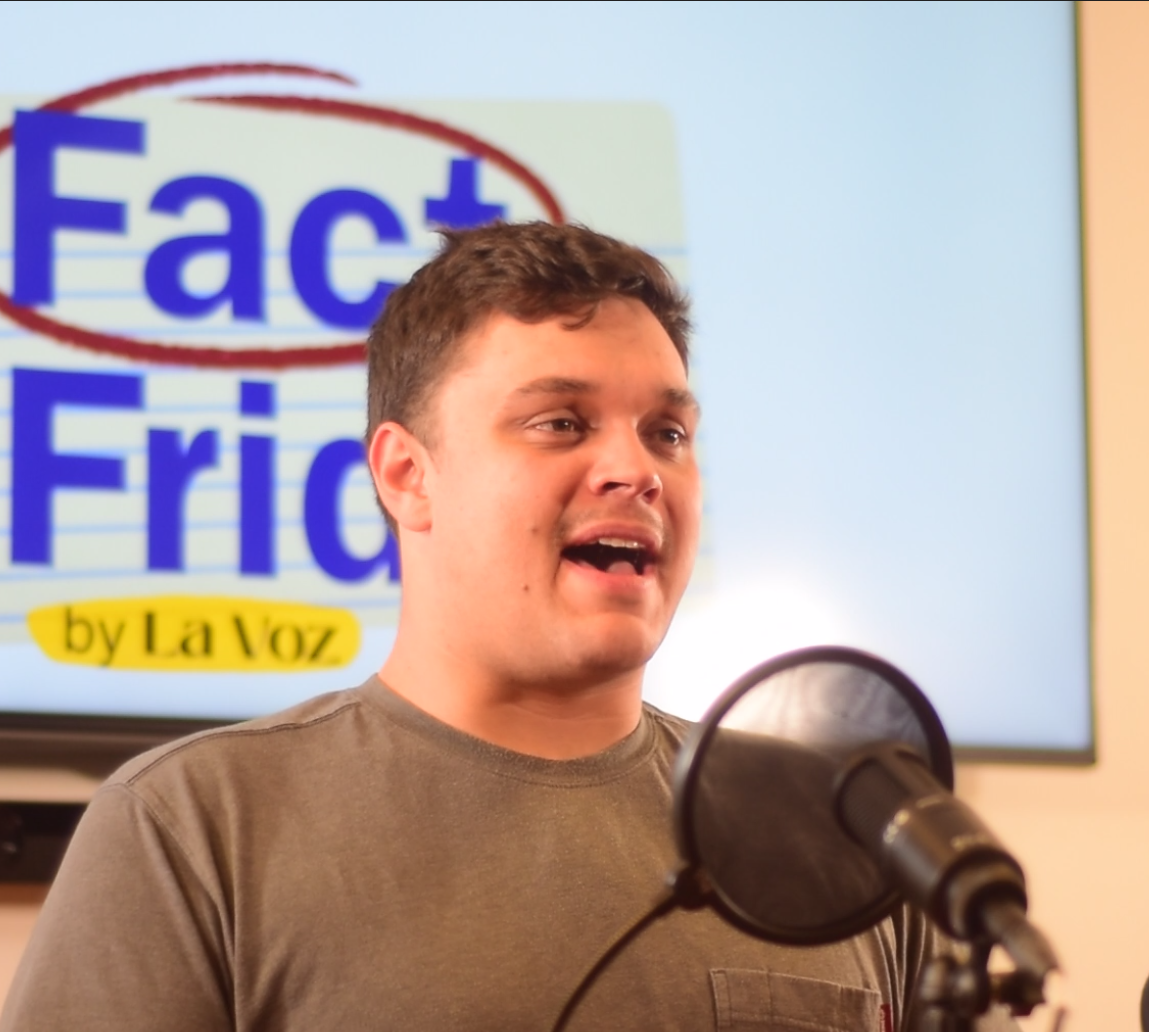 Editor-in-Chief Wylder Robison delivers the news during his first time hosting La Voz Fact Friday on March 12.