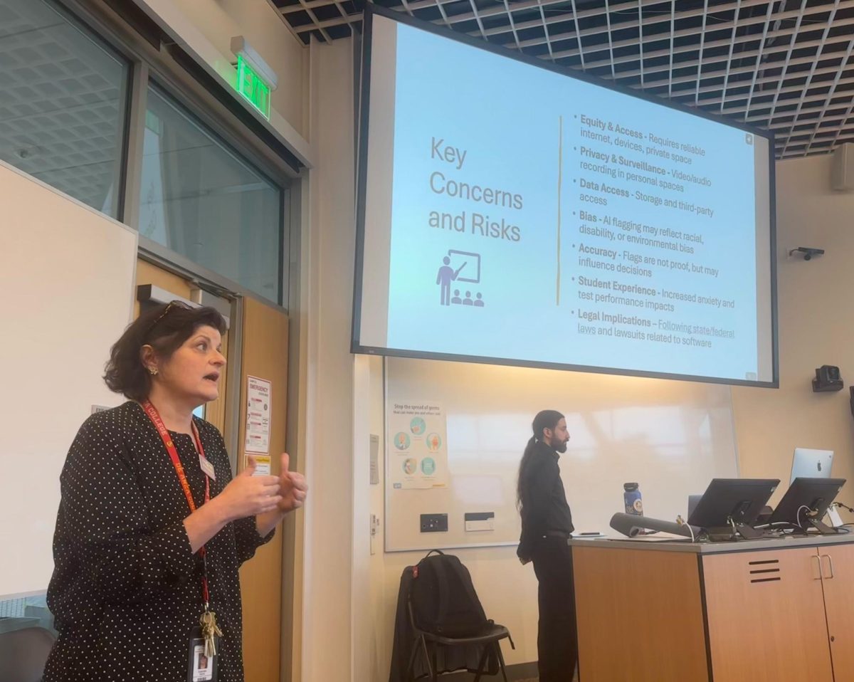 COOL Co-Chair and Dean of Online Learning and Learning Resources Gabriela Nocito and COOL Co-Chair James Capurso discuss concerns regarding online proctoring software at the April 20 meeting in the Media and Learning Center.