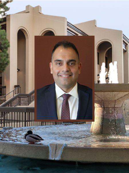 Photo illustration of De Anza College president Omar Torres with backdrop of main quad fountain and side profile of the Advance Technology Center. Photo courtesy of the De Anza College website.