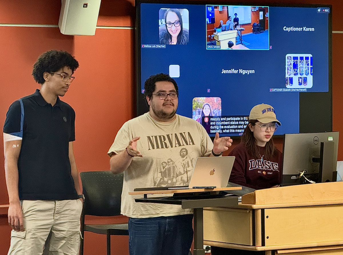 DASG Student Rights Officer Salvador Pedroza, 19, political science major, proposes the amendments to DASG Bylaws regarding the program liaison selection process at the April 29 senate meeting in the Student Council Chamber.