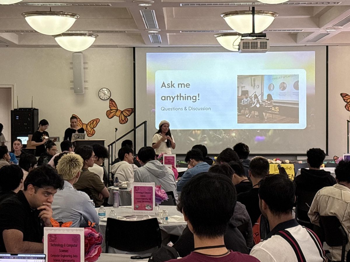 Keynote speaker Rebecca Valero, Cisco electrical product engineer, answers students' questions about her career path and choices on April 30 in Conference Rooms A and B.